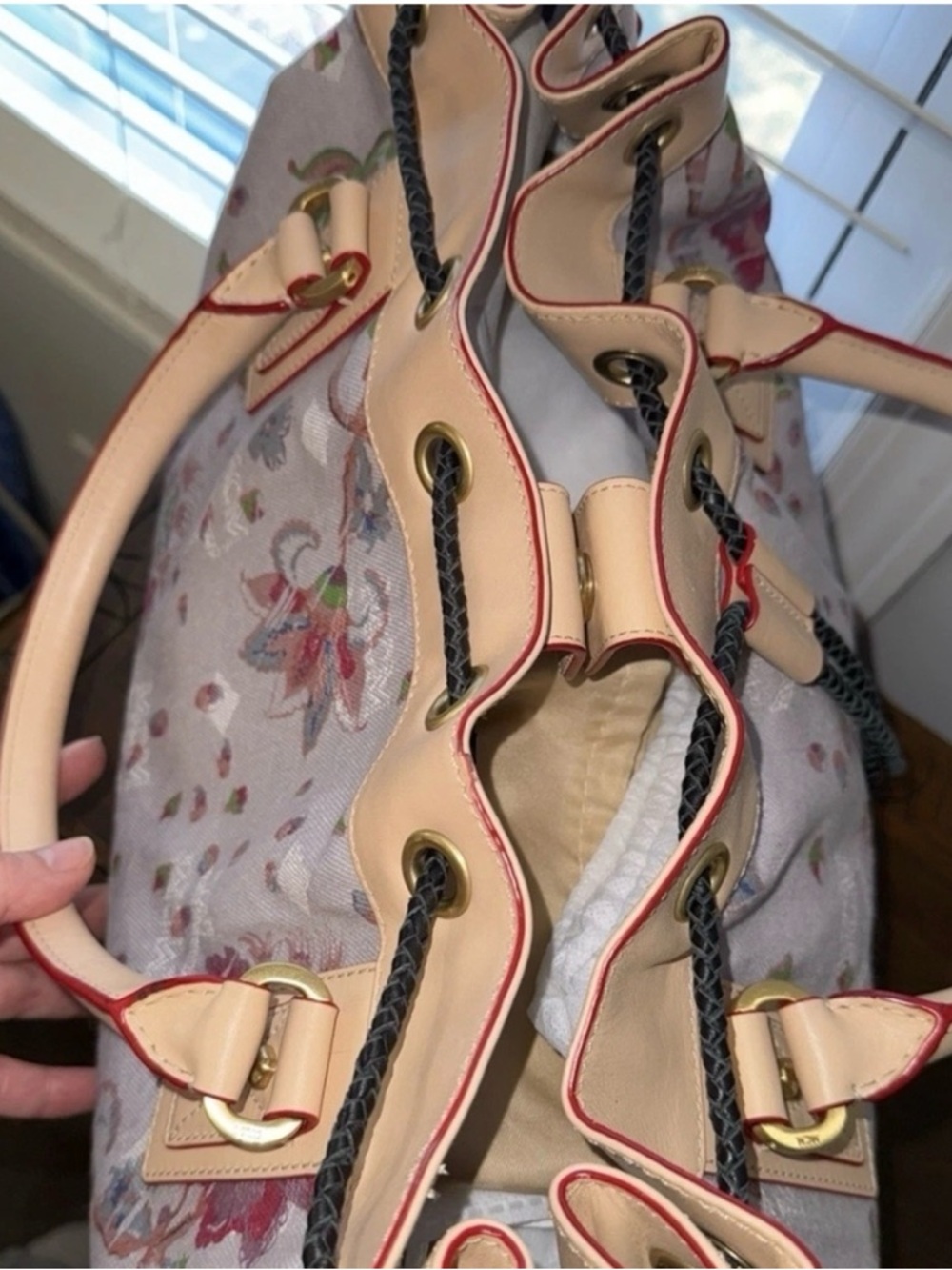 MCM LIMITED EDITION Floral Canvas Drawstring Tote with Tan Leather Trim - Picture 4 of 11